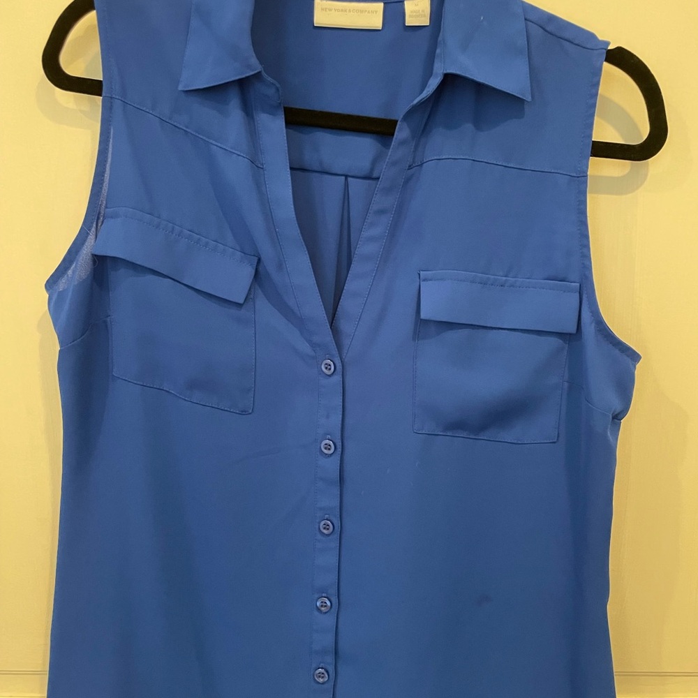 New York & Company Blue Button Down Shirt Notched Collar